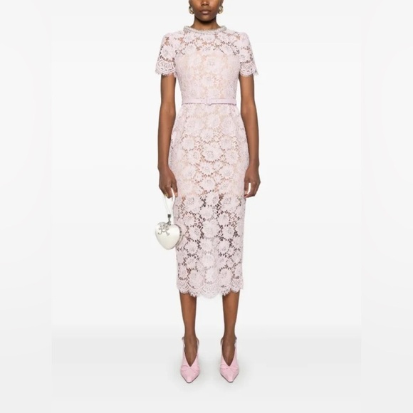 NEW Self-Portrait Fine Lace Pearl Midi Dress in Pink | UK 8 / US 4 - Picture 7 of 16